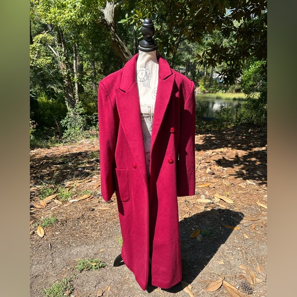 Paul et Duffier Wine Wool Blend Coat Longline Double Breasted Tailleur Size 16 - Picture 1 of 16